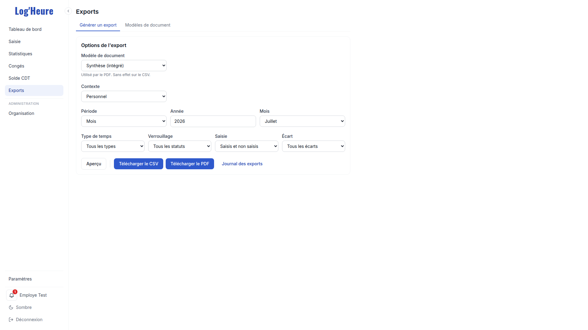 Exports: modèles de document et documents produits.